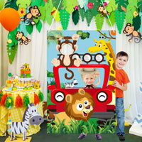 BeYumi Jungle Animal Photo Door Banner Backdrop Props, Large Satin Fabric Photo Background for Forest Safari Animal Theme Party Decoration, Funny Pretend Play Game Party Supplies, 59 x 39 Inch