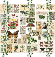 BeYumi 45Pcs Vintage Botanical Wall Collage Aesthetic with Fake Vines Small Poster Photo Dorm Trendy Cottagecore Wall Art Print Colorful Pictures Collage Retro Room Bedroom Decor for Teens Boys Girls