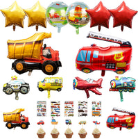 BeYumi 24Pcs Vehicle Birthday Party Decorations Kit for Kids, Aircraft Police Car Fire Truck Construction Truck Train School Bus Foil Balloons, Transportation Cupcake Toppers, Traffic Tattoo Stickers