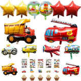 BeYumi 24Pcs Vehicle Birthday Party Decorations Kit for Kids, Aircraft Police Car Fire Truck Construction Truck Train School Bus Foil Balloons, Transportation Cupcake Toppers, Traffic Tattoo Stickers