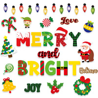 BeYumi 79Pcs Christmas Merry and Bright Cutouts Bulletin Board Decoration Xmas Tree Santa Peppermint Candies Light Bulb Cardboard Paper Cutting School Classroom Decor for Winter Xmas Holiday Party