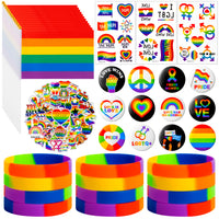 BeYumi 90Pcs Gay Pride Day Accessories Set for LGBT Include Button Pins Mini Rainbow Flag Temporary Tattoo Stickers Silicone Bracelets LGBTQ Party Favors for Gay Pride Parade Celebration Daily Wear