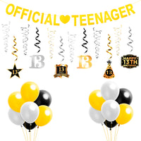 BeYumi 25 Packs Official Teenager 13th Birthday Party Decorations - Golden Official Teenager Banner, Foil Hanging Swirls Streamers, Silver Black Gold Latex Balloons for 13 Years Old Party Supplies