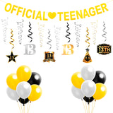 BeYumi 25 Packs Official Teenager 13th Birthday Party Decorations - Golden Official Teenager Banner, Foil Hanging Swirls Streamers, Silver Black Gold Latex Balloons for 13 Years Old Party Supplies