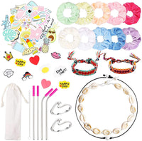 BeYumi 65Pcs VSCO Stuff Set-VSCO Stickers, Velvet Hair Scrunchies, Shell Necklace Choker, Wave Rings, Nepal Woven Friendship Bracelets, Metal Straws with Brush and Storage Bag, Shoes Charms