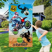 BeYumi Dirt Bike Toss Game Banner with 4 Bean Bags Motorcycle Theme Party Game for Indoor Outdoor Activities 4 Score Holes Game Checkered Racing Motocross Theme Birthday Party Supplies for Kids Adults