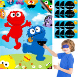 BeYumi 36Pcs Elmo Party Sticker Game, Pin The Nose and Mouth on The Large Elmo Cookie Monster Poster, Sesame Theme Make-a-Face Sticker Game Party Favors Party Supplies Decoration with Blinders