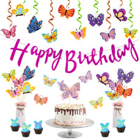 BeYumi Butterfly Birthday Party Decorations, Spring Summer Butterfly Hanging Swirls, Glitter Birthday Banner, Cake Topper, Centerpieces Sticks, Wall Decals, Garden Themed Baby Shower Decorations