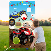 BeYumi Monster Truck Toss Game Banner with Bean Bags Checkered Hot Wheels Big Foot Party Game for Indoor Outdoor Activities 4 Score Holes Game Monster Truck Theme Birthday Party Supplies for Kid Adult