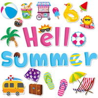 BeYumi 68Pcs Hello Summer Cutouts Summertime Bulletin Board Decoration Set Hawaiian Beach Ice Cream Watermelon Palm Tree DIY Cardstock Paper Cutout Teacher Supplies for Classroom School Kindergarten