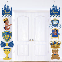 BeYumi 10Pcs Royal Prince Theme Party Decoration for Baby Boys African American Little Prince Black Boys Door Hanging Banner Porch Sign Castle Crown Blue and Gold Baby Shower Birthday Party Supplies