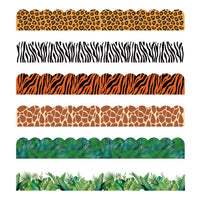BeYumi 80Pcs Animal Print Bulletin Board Borders Africa Safari Leopard Zebra Tiger Giraffe Tropical Leaves Greenery Scalloped Borders Trim Bulletin Decoration for Back to School Classroom Nursery Wall