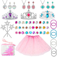 BeYumi 55Pcs Princess Pretend Jewelry Toys Set with Pink Ballet Tutu Skirt Sequins Handbag, Adjustable Rings Crowns Necklaces Earrings Wands Bracelets, Dress Up Birthday Gifts Party Favors for Kids