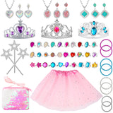 BeYumi 55Pcs Princess Pretend Jewelry Toys Set with Pink Ballet Tutu Skirt Sequins Handbag, Adjustable Rings Crowns Necklaces Earrings Wands Bracelets, Dress Up Birthday Gifts Party Favors for Kids