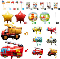BeYumi 24Pcs Vehicle Birthday Party Decorations Kit for Kids, Aircraft Police Car Fire Truck Construction Truck Train School Bus Foil Balloons, Transportation Cupcake Toppers, Traffic Tattoo Stickers