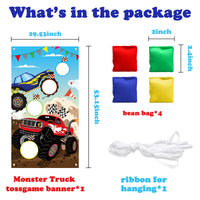 BeYumi Monster Truck Toss Game Banner with Bean Bags Checkered Hot Wheels Big Foot Party Game for Indoor Outdoor Activities 4 Score Holes Game Monster Truck Theme Birthday Party Supplies for Kid Adult