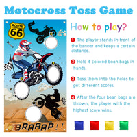 BeYumi Dirt Bike Toss Game Banner with 4 Bean Bags Motorcycle Theme Party Game for Indoor Outdoor Activities 4 Score Holes Game Checkered Racing Motocross Theme Birthday Party Supplies for Kids Adults