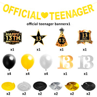 BeYumi 25 Packs Official Teenager 13th Birthday Party Decorations - Golden Official Teenager Banner, Foil Hanging Swirls Streamers, Silver Black Gold Latex Balloons for 13 Years Old Party Supplies