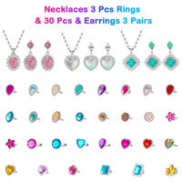 BeYumi 55Pcs Princess Pretend Jewelry Toys Set with Pink Ballet Tutu Skirt Sequins Handbag, Adjustable Rings Crowns Necklaces Earrings Wands Bracelets, Dress Up Birthday Gifts Party Favors for Kids