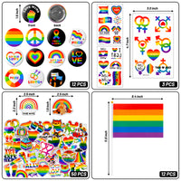 BeYumi 90Pcs Gay Pride Day Accessories Set for LGBT Include Button Pins Mini Rainbow Flag Temporary Tattoo Stickers Silicone Bracelets LGBTQ Party Favors for Gay Pride Parade Celebration Daily Wear