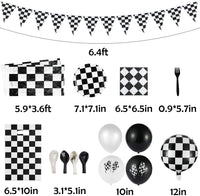 BeYumi 127Pack Race Car Checkered Party Supplies Decoration Kit｜Including Banner Pennant, Balloons, Tablecloth, Tableware, Goodies Gift Bags｜Black and White Party Decorations Favors Pack for Kids Boys｜Serves 20 Guests