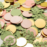 BeYumi 300Pcs Greenery Confetti Decorations Round Scatter Confetti Dots with Eucalyptus Table Decoration for Sage Wedding Bridal Baby Shower Greenery Theme Party Gender Reveal(Sage Green, Pink, Gold)