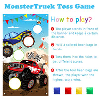 BeYumi Monster Truck Toss Game Banner with Bean Bags Checkered Hot Wheels Big Foot Party Game for Indoor Outdoor Activities 4 Score Holes Game Monster Truck Theme Birthday Party Supplies for Kid Adult
