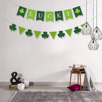 BeYumi St Patrick's Day Garland Banner, Lucky Three Leaf and Green Pennants, Irish Shamrock Burlap Banners