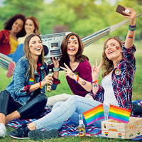 BeYumi 90Pcs Gay Pride Day Accessories Set for LGBT Include Button Pins Mini Rainbow Flag Temporary Tattoo Stickers Silicone Bracelets LGBTQ Party Favors for Gay Pride Parade Celebration Daily Wear