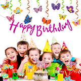 BeYumi Butterfly Birthday Party Decorations, Spring Summer Butterfly Hanging Swirls, Glitter Birthday Banner, Cake Topper, Centerpieces Sticks, Wall Decals, Garden Themed Baby Shower Decorations