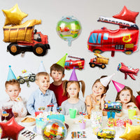 BeYumi 24Pcs Vehicle Birthday Party Decorations Kit for Kids, Aircraft Police Car Fire Truck Construction Truck Train School Bus Foil Balloons, Transportation Cupcake Toppers, Traffic Tattoo Stickers