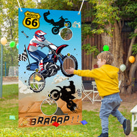 BeYumi Dirt Bike Toss Game Banner with 4 Bean Bags Motorcycle Theme Party Game for Indoor Outdoor Activities 4 Score Holes Game Checkered Racing Motocross Theme Birthday Party Supplies for Kids Adults