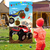 BeYumi Monster Truck Toss Game Banner with Bean Bags Checkered Hot Wheels Big Foot Party Game for Indoor Outdoor Activities 4 Score Holes Game Monster Truck Theme Birthday Party Supplies for Kid Adult