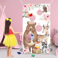BeYumi Floral Woodland Animal Toss Game Banner with Bean Bags Pink Flower Baby Shower Indoor Outdoor Activities Forest Friends Theme Family Gathering Throwing Game Birthday Party Supplies for Kids
