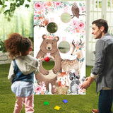BeYumi Floral Woodland Animal Toss Game Banner with Bean Bags Pink Flower Baby Shower Indoor Outdoor Activities Forest Friends Theme Family Gathering Throwing Game Birthday Party Supplies for Kids