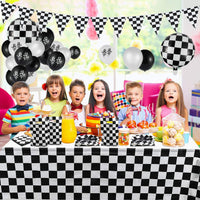 BeYumi 127Pack Race Car Checkered Party Supplies Decoration Kit｜Including Banner Pennant, Balloons, Tablecloth, Tableware, Goodies Gift Bags｜Black and White Party Decorations Favors Pack for Kids Boys｜Serves 20 Guests