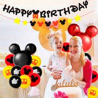 BeYumi Mickey Birthday Party Decoration Supplies Kit - Mickey Theme Happy Birthday Banner Garland, 24 Inch Aluminum Foil Balloons, 12 Inch Red Black Yellow Latex Balloons for Kids Birthday Baby Shower