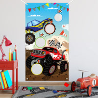 BeYumi Monster Truck Toss Game Banner with Bean Bags Checkered Hot Wheels Big Foot Party Game for Indoor Outdoor Activities 4 Score Holes Game Monster Truck Theme Birthday Party Supplies for Kid Adult