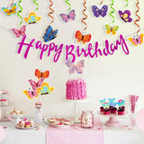BeYumi Butterfly Birthday Party Decorations, Spring Summer Butterfly Hanging Swirls, Glitter Birthday Banner, Cake Topper, Centerpieces Sticks, Wall Decals, Garden Themed Baby Shower Decorations