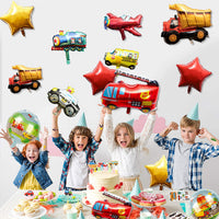 BeYumi 24Pcs Vehicle Birthday Party Decorations Kit for Kids, Aircraft Police Car Fire Truck Construction Truck Train School Bus Foil Balloons, Transportation Cupcake Toppers, Traffic Tattoo Stickers