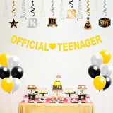 BeYumi 25 Packs Official Teenager 13th Birthday Party Decorations - Golden Official Teenager Banner, Foil Hanging Swirls Streamers, Silver Black Gold Latex Balloons for 13 Years Old Party Supplies