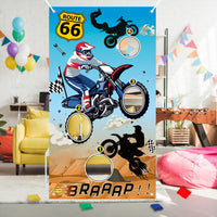 BeYumi Dirt Bike Toss Game Banner with 4 Bean Bags Motorcycle Theme Party Game for Indoor Outdoor Activities 4 Score Holes Game Checkered Racing Motocross Theme Birthday Party Supplies for Kids Adults