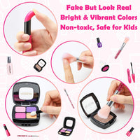 BeYumi Pretend Makeup Kit for Girls, 32Pcs Realistic Makeup Play Set with Jewelry, Bracelet and Shiny Cosmetics Bag, Birthday Gift Mess Free Fake Makeup Toys for Girls Toddlers - Imitation & Not Real