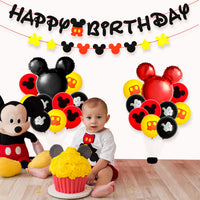 BeYumi Mickey Birthday Party Decoration Supplies Kit - Mickey Theme Happy Birthday Banner Garland, 24 Inch Aluminum Foil Balloons, 12 Inch Red Black Yellow Latex Balloons for Kids Birthday Baby Shower