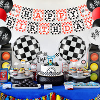 BeYumi 42 Pcs Race Car 1st Birthday Party Decorations Set | Checkered Balloons, Happy Birthday Banner, Cake Topper, Cupcake Toppers | Let's Go Racing Party Supplies for One Year Old Kids Boys