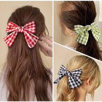 BeYumi 4 Packs Plaid Hair Bow Clips Barrettes with Black Hair Ties, 4 Colors Large Hair Bowknot(Red/Black/Yellow/Green) with Alligator Hair Clips, Elegant French Style Hair Accessories for Women Girl