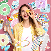 BeYumi 63Pcs VSCO Starter Stuff Pack Set Vsco Accessories- Velvet Hair Scrunchies, VSCO Stickers, Adjustable Wave Strand Beads Bracelets, Reusable Stainless Steel Straws with Brush and Storage Bag
