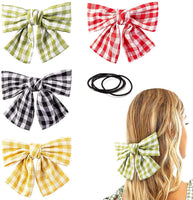BeYumi 4 Packs Plaid Hair Bow Clips Barrettes with Black Hair Ties, 4 Colors Large Hair Bowknot(Red/Black/Yellow/Green) with Alligator Hair Clips, Elegant French Style Hair Accessories for Women Girl