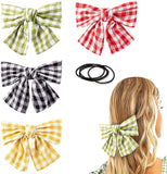 BeYumi 4 Packs Plaid Hair Bow Clips Barrettes with Black Hair Ties, 4 Colors Large Hair Bowknot(Red/Black/Yellow/Green) with Alligator Hair Clips, Elegant French Style Hair Accessories for Women Girl