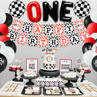 BeYumi 42 Pcs Race Car 1st Birthday Party Decorations Set | Checkered Balloons, Happy Birthday Banner, Cake Topper, Cupcake Toppers | Let's Go Racing Party Supplies for One Year Old Kids Boys